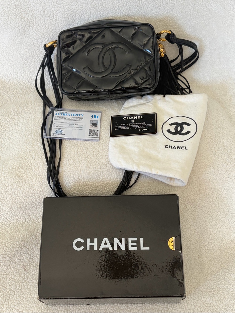 CHANEL Vintage Black Quilted Patent Leather Crossbody Camera Bag with Tassel